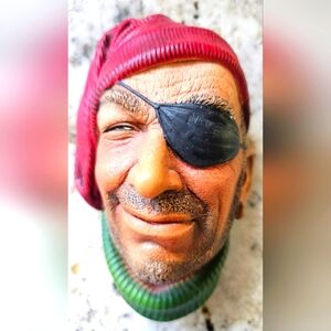 Vintage Bosson Chalkware Figural Heads Pirate 1976 Red Stocking Hat Wall Hanging